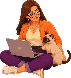 Cindy avec son chat siamois et son ordinateur portable