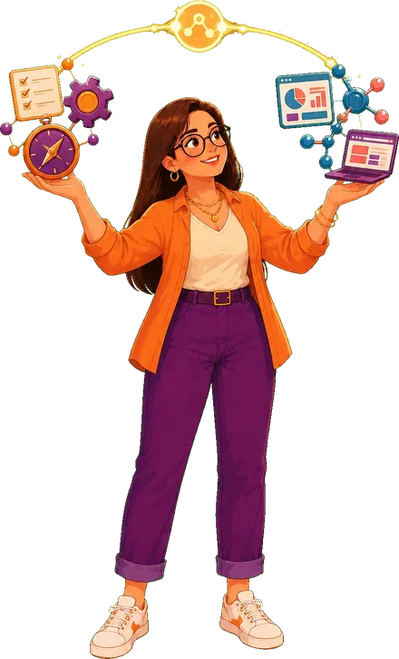 Cindy jonglant entre les symboles de l'OBM et du Product Builder